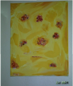 Nach dem malen des oberen Bildes (orange) ensttnd ein Bedürfnis nach sanfteren Farben und nach gelb. Es ist direkt im Anschluß in der Kunsttherapie entstanden.